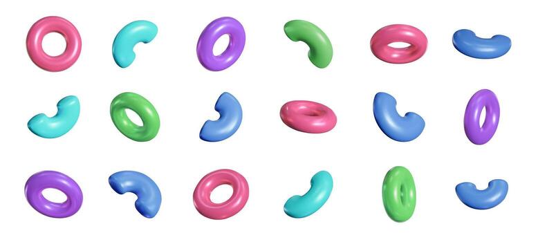 Plastic 3d torus. Colorful donut and curved tube shapes, abstract round loops and half torus. Bent arcs and rings realistic 3D render isolated decorative elements set vector