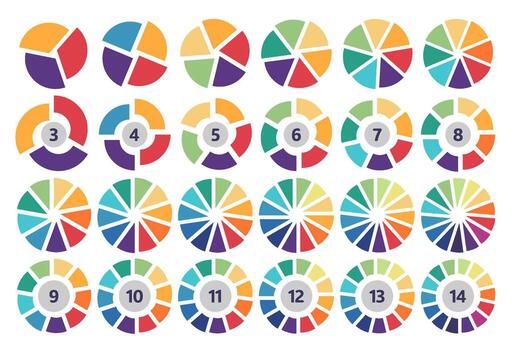 Divided circle slice diagram. Segmented color wheels, circular pie chart and segmented donut diagrams for infographics, data visualization and business presentation. Segment divisions set vector
