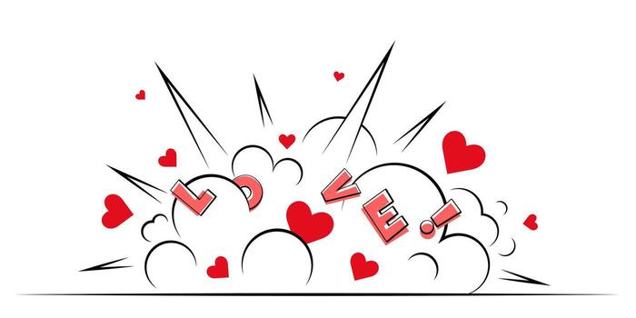 Love explosion banner with hearts blowing out. Valentine Day card with text and love symbols, intense feelings burst. art, graphic design element and background. vector