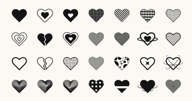 retro y2k corazones formas con patrones, futurista resumen símbolos con puntos y líneas. diseño futurista 2000 estética amor elementos colocar. vector