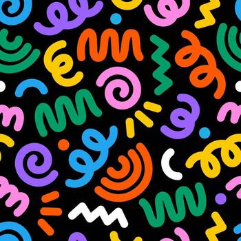 Abstract swirls, lines and spirals, bold doodles, geometric seamless pattern, background. vector