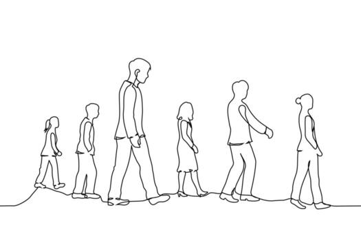 group of men and women walking in the same direction at varying distances from each other - one line art . New generation, generational shift in the workforce, pedestrians vector