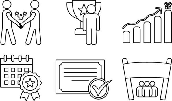 Employee Reward and Recognition Line Icons featuring peer appreciation, performance growth, monthly award, certificate, and teamwork concepts in Editable Stroke Style vector