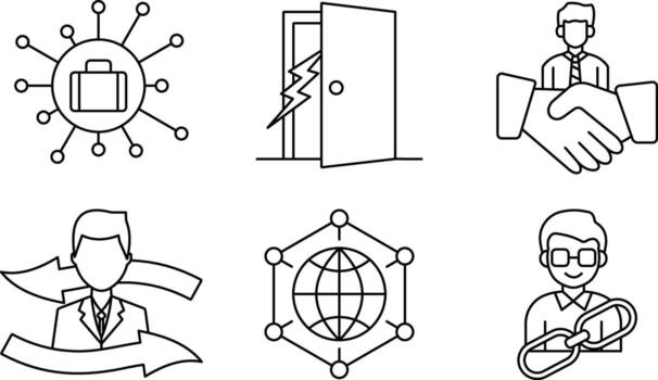 Career Path and Milestone Line Icons featuring professional network, job referral, career switch, global connection, and mentorship link in Editable Stroke Style vector