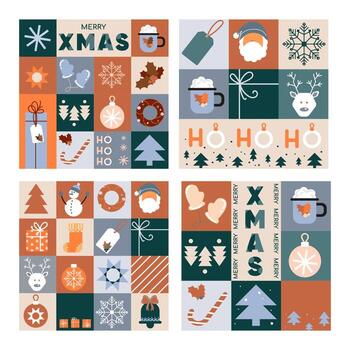 Christmas Squares template and patterns with Xmas Icons. Grid of Christmas backgrounds for greeting cards, social media, advent calendars, wrapping, winter party, web banners,seasonal branding. vector