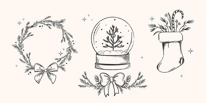 Hand drawn Christmas elements set with a wreath of pine branches with a bow, snow globe vector