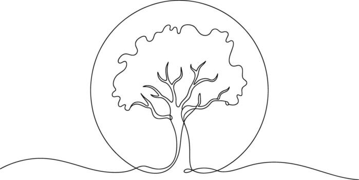 Minimalist single line drawing of a tree within an oval frame on a white background vector