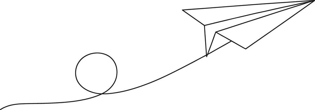 Minimalist single line drawing of a paper airplane soaring through the air leaving a looping trail vector