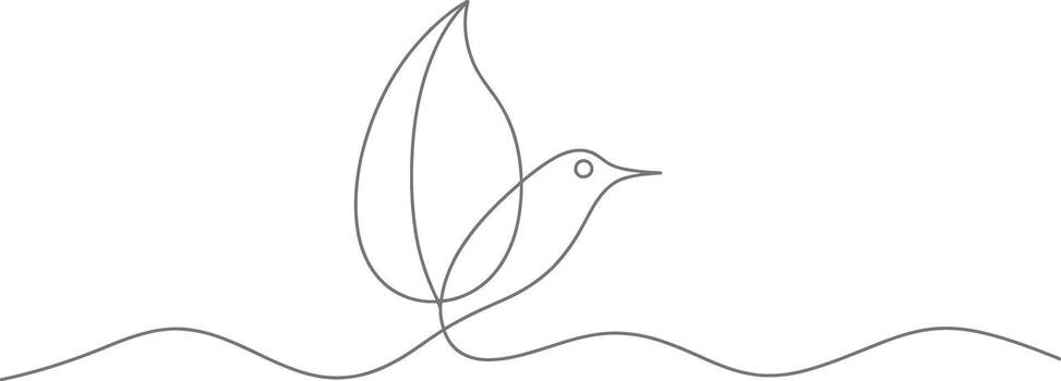 Minimalist single line drawing of a bird in flight over wavy lines vector