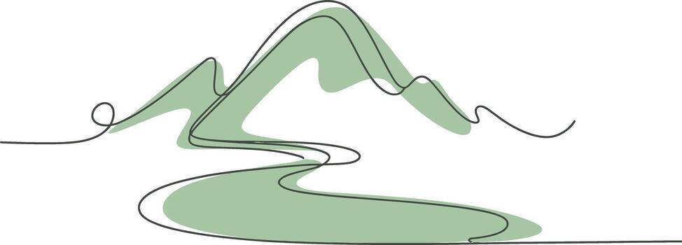 Minimalist single line drawing of a mountain range with a winding river flowing through vector
