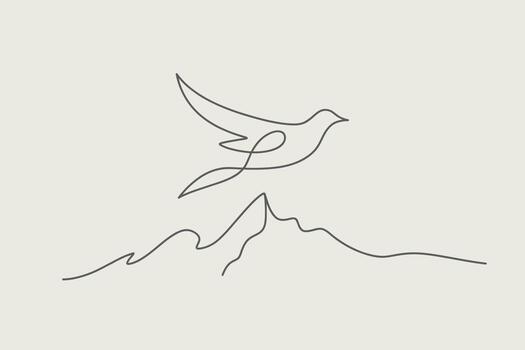 Minimalist single line drawing of a bird soaring above a mountain range vector