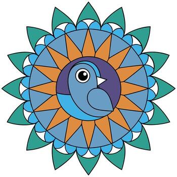 Art of a delightful mandala featuring a charming blue bird at its center, surrounded by a colorful geometric pattern vector