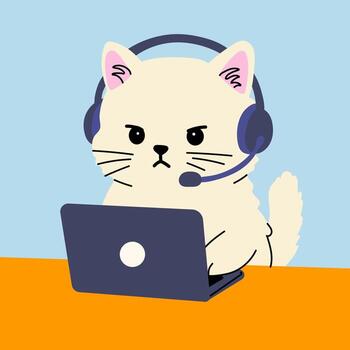 Cat working on a laptop with a headset in a digital workspace design vector