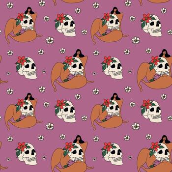Bold and colorful pattern with skulls, flowers, and whimsical figures vector
