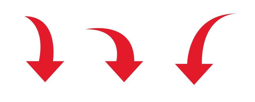 Curved red arrow pointing to the down on transparent background. Direction symbol. Arrow symbol for app, UI, web vector