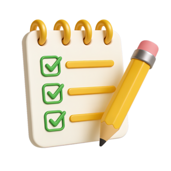 omdraaien kladblok met geel potlood. 3d notitieboekje, taak beheer concept, Te doen controleren lijst met pen, notities, tentamen papier checklist icoon. 3d renderen illustratie geïsoleerd Aan transparant achtergrond png