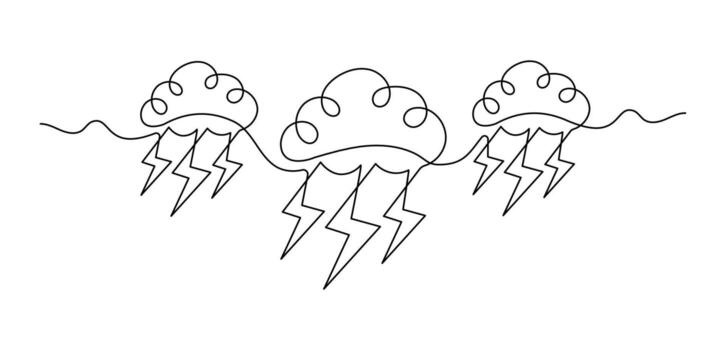 One line thunderstorm clouds. Minimalist continuous line art lightning . vector