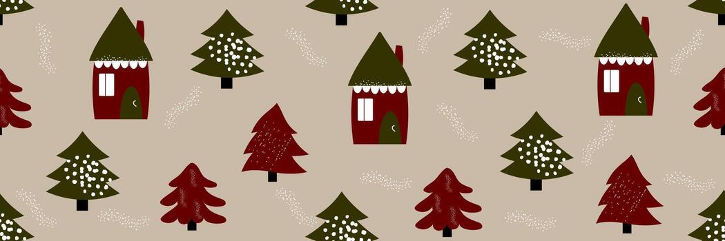 nuevo años sin costura modelo con un casa y abeto arboles en un beige elementos.de.fondo para impresión, papel pintado, telas, embalaje vector
