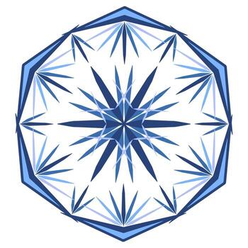 Blue ornate polygonal snowflake illustration. Geometrical round mandala on white background. Star with sharp rays. Isolated winter holidays decorative design element vector