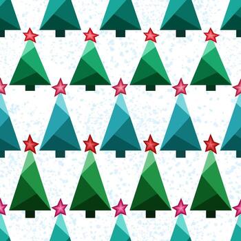 Seamless pattern of random christmas trees. Horizontal rows of geometric spruce. Green Christmas trees with red star on snowly background. Winter pattern for holiday decor vector