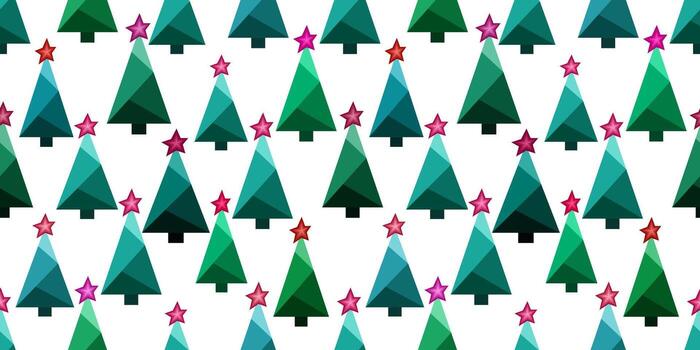 Green Christmas trees with red star on white background. Seamless pattern of random christmas trees. Geometric spruce of triangles. Winter design element for holiday decor vector