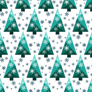 Green Christmas trees and snowflakes on white background. Seamless pattern of random christmas trees. Geometric spruce of triangles. A winter design element for textile, paper, etc. vector