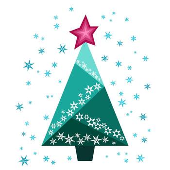 A green Christmas tree with red star against a background of snowflakes. The tree is decorated with snowflakes. Geometric spruce of triangles. A winter design element for holiday decor vector