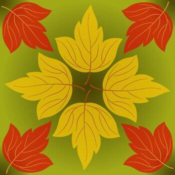 sin costura modelo con otoño otoño hojas. naranja rojo hojas en verde antecedentes. otoñal botánica ilustración. simétricamente repitiendo modelo. estacional diseño vector