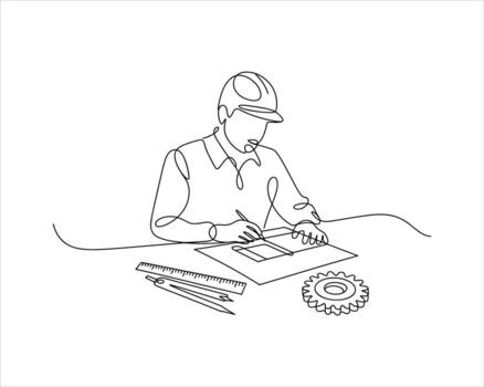 Engineer drawing plans with drafting tools and gear vector