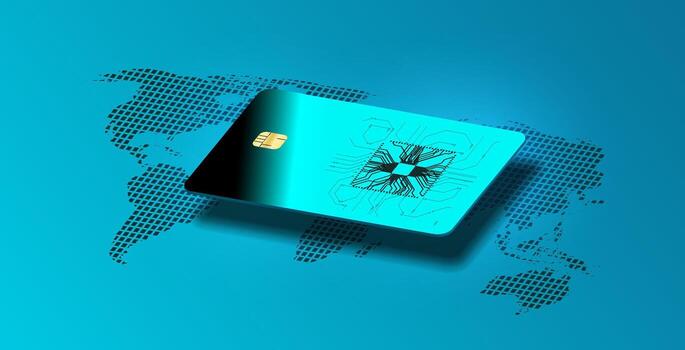 A digital payment card is displayed against a background featuring a world map, symbolizing the global reach of modern financial services and technology used in transactions. vector