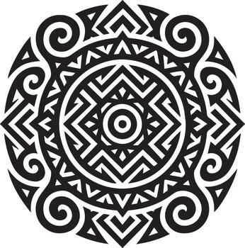 Intricate black and white circular geometric tribal mandala design with swirls and zigzag patterns vector