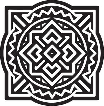 Intricate black and white geometric mandala design with ancient tribal patterns and abstract symmetry vector