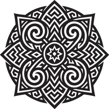 Intricate black and white geometric mandala pattern with swirls and starburst center vector