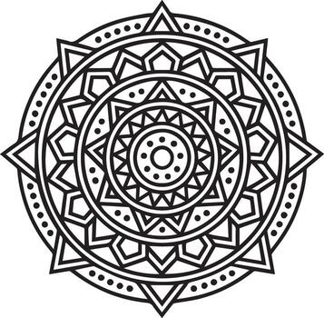 Intricate black and white mandala design with geometric patterns and symmetrical radial symmetry vector
