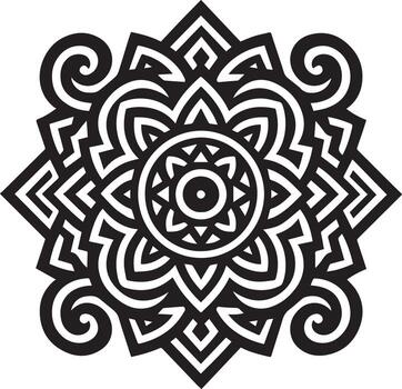 Intricate black and white geometric mandala pattern with swirling elements and sharp edges vector