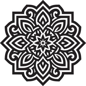Intricate black and white geometric mandala design with swirl repeating patterns and symmetry vector