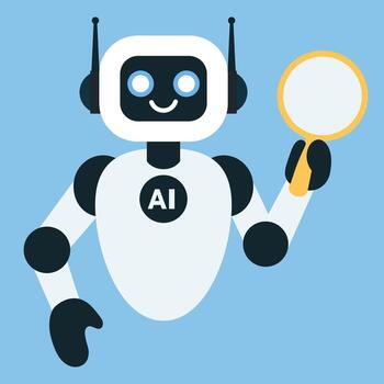 Friendly artificial intelligence robot holding a magnifying glass vector