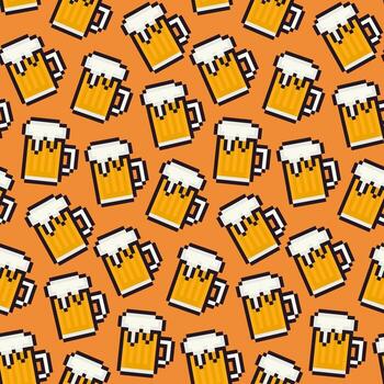 Seamless pattern with pixel beer mugs on an orange background vector