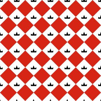 Red and White Diamond Checkered Pattern with Black Crown Icons, Seamless Argyle Geometric Background for Fabric, Wallpaper, Wrapping Paper, and Royal Decorative Design vector