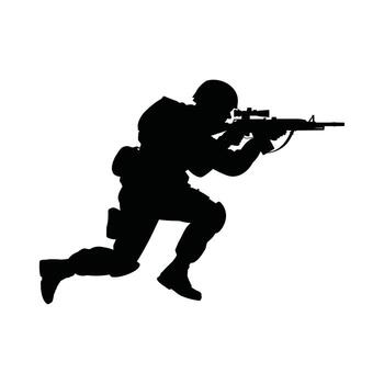 Black silhouette of a soldier in tactical gear aiming a rifle with a scope while running . vector