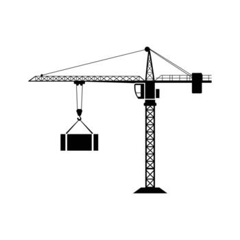 Black silhouette of a tower crane lifting a rectangular load against a white background construction vector