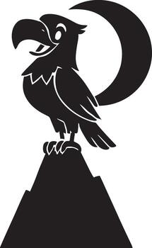 Smiling bird on mountain peak with crescent moon vector