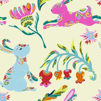 a colorful pattern, with rabbits and flowers vector
