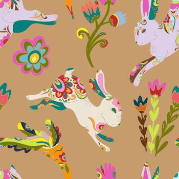 a pattern with colorful rabbits and flowers vector