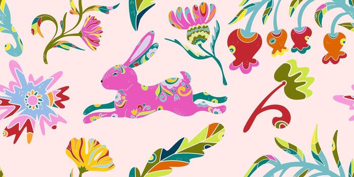 a colorful pattern with a rabbit and flowers vector