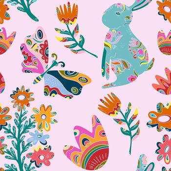 a colorful pattern with flowers and rabbits vector