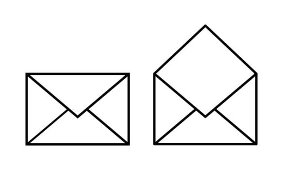 Two simple line art envelopes one closed one open representing communication and mail vector