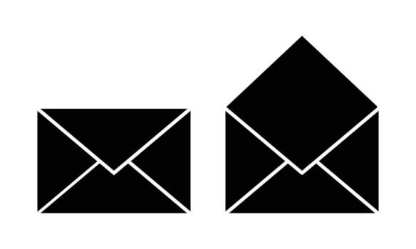 Two black silhouette envelopes one open one closed simple minimalist design vector