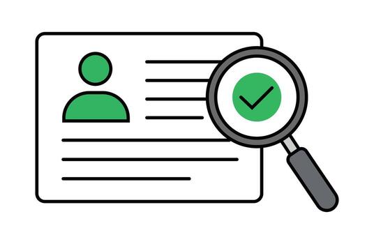 Magnifying glass examines id card with green checkmark showing verification and approval vector