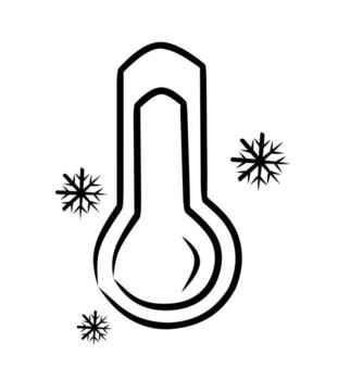 Sketch illustration of a thermometer with snowflakes, showing cold weather or low temperature in simple outline style with minimal shading, perfect for winter themes, forecasts, and health visuals. vector